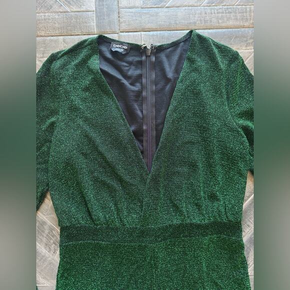 bebe Emerald Green Metallic Knit Long Sleeve V-Neck Jumpsuit | Size L - Picture 5 of 7